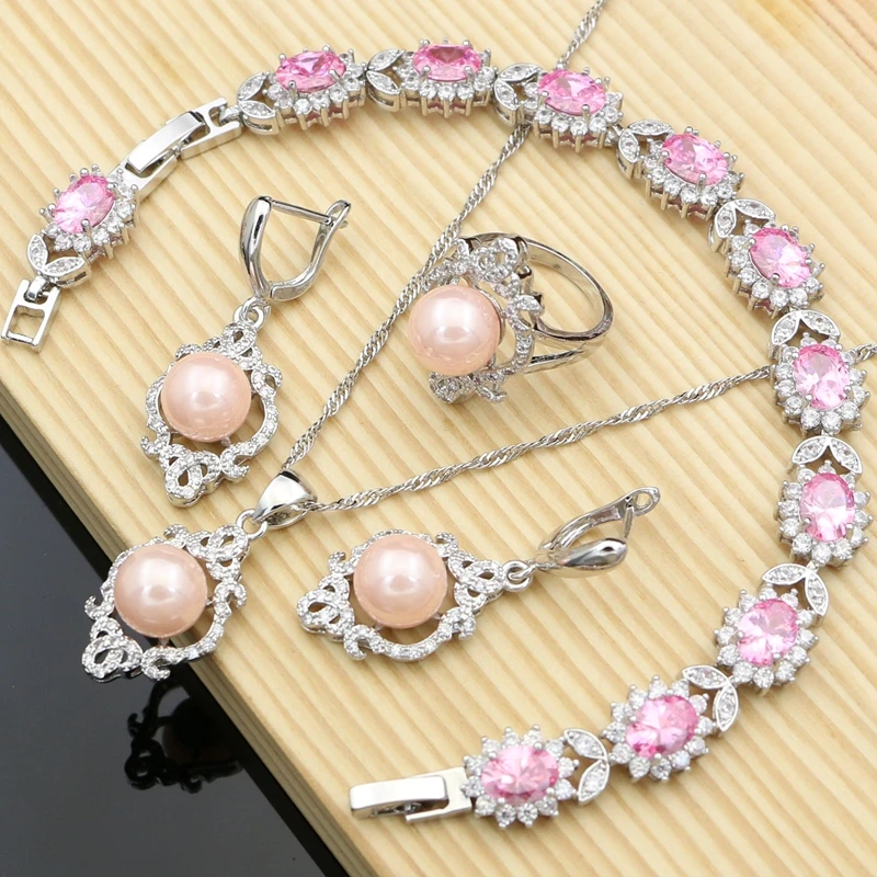 

Cute Princess Pink Pearl Jewelry 925 Silver Jewelry Kits Wedding Bridal Bracelet Rings Set Gift for Her