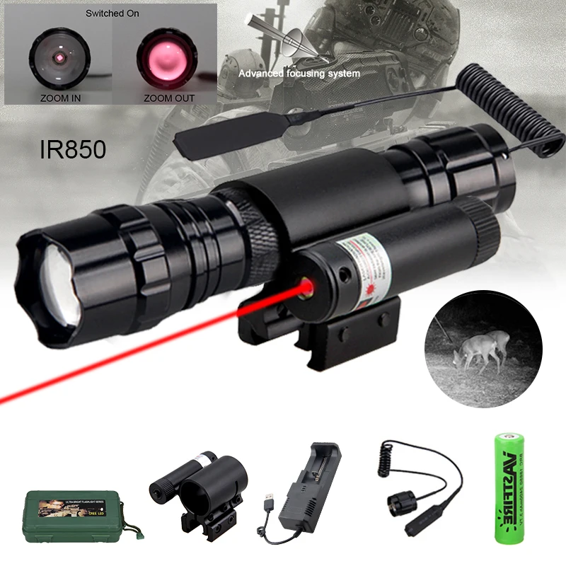 IR850nm Zoomable Night Vision Hunting Flashlight Infrared Radiation Weapon Gun Light+Red Laser Dot Sight+Switch+18650+Charger