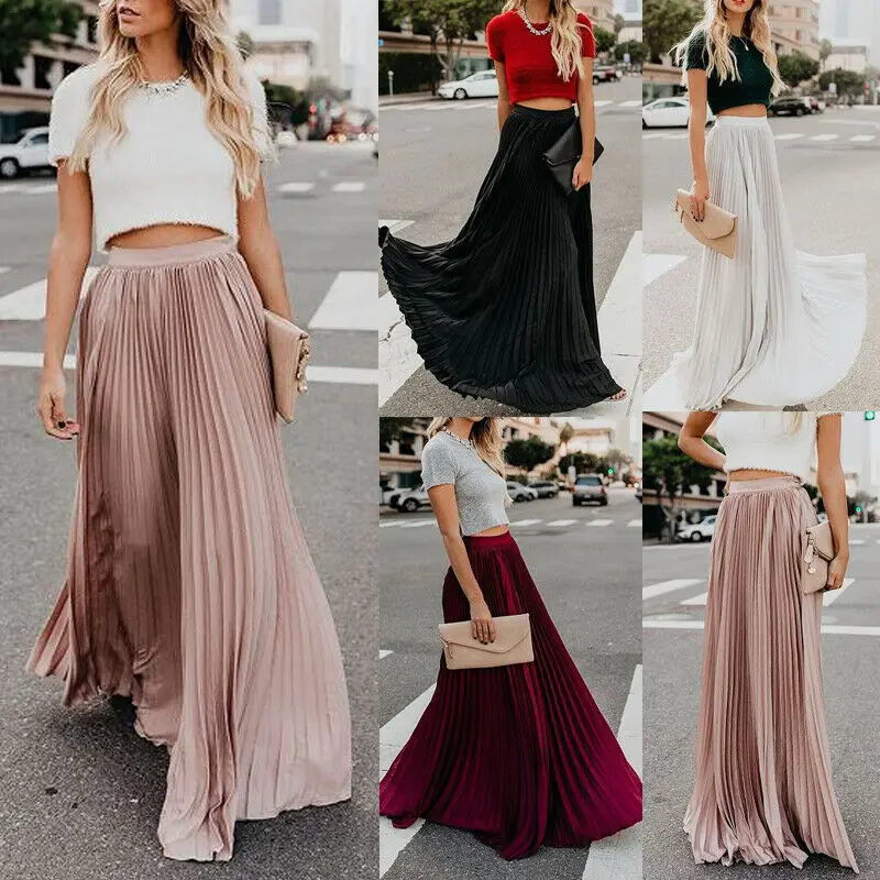 New Women Chiffon Pleated Skirt Boho Long Maxi Skirt 2019 Fashion Retro Stretch High Waist Skirt Pleated Skirt Streetwear