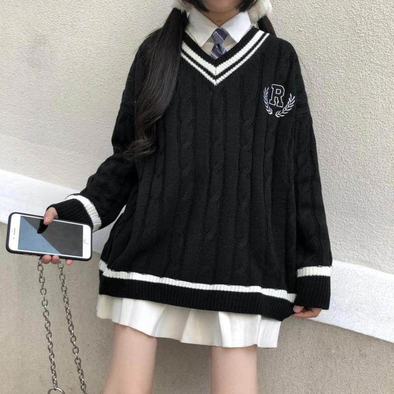 New 2020 Japanese Wear Pullover Jk Sweater Loose V-Neck Regular Long SleevesStudent Hollow Out Knitting Loose Women Pullover