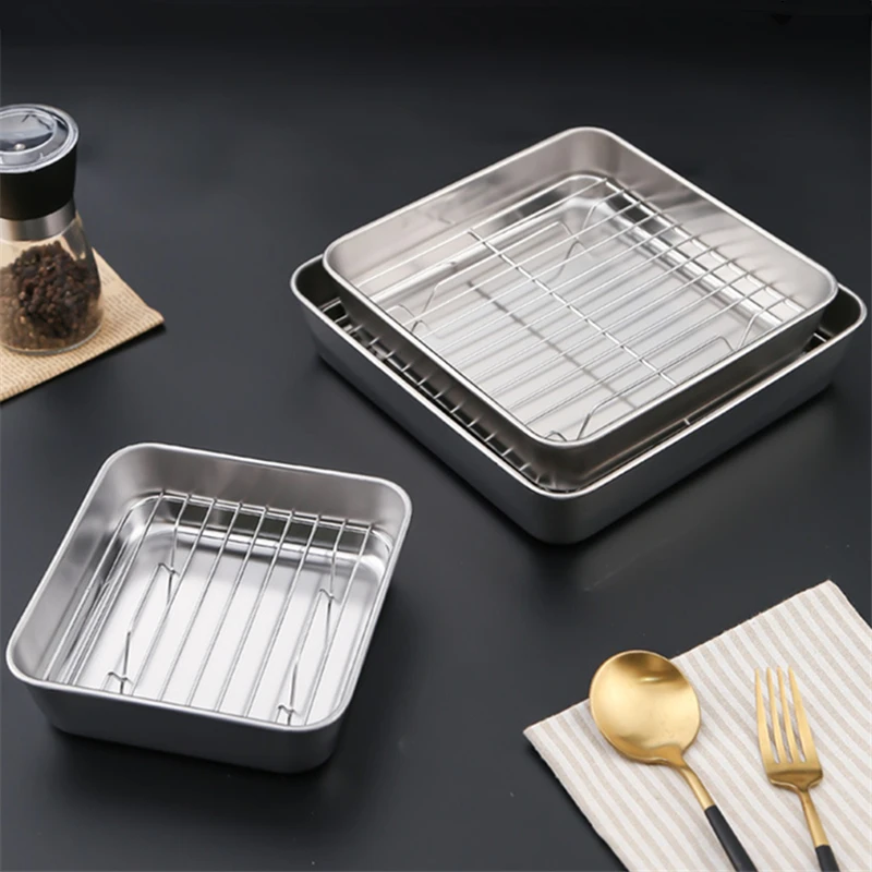 Stainless Steel Square Bakeware Nonstick Pan Baking Tray with Grid Fruit Cookie BBQ Bread Storage Plate Dish Kitchen Utensils