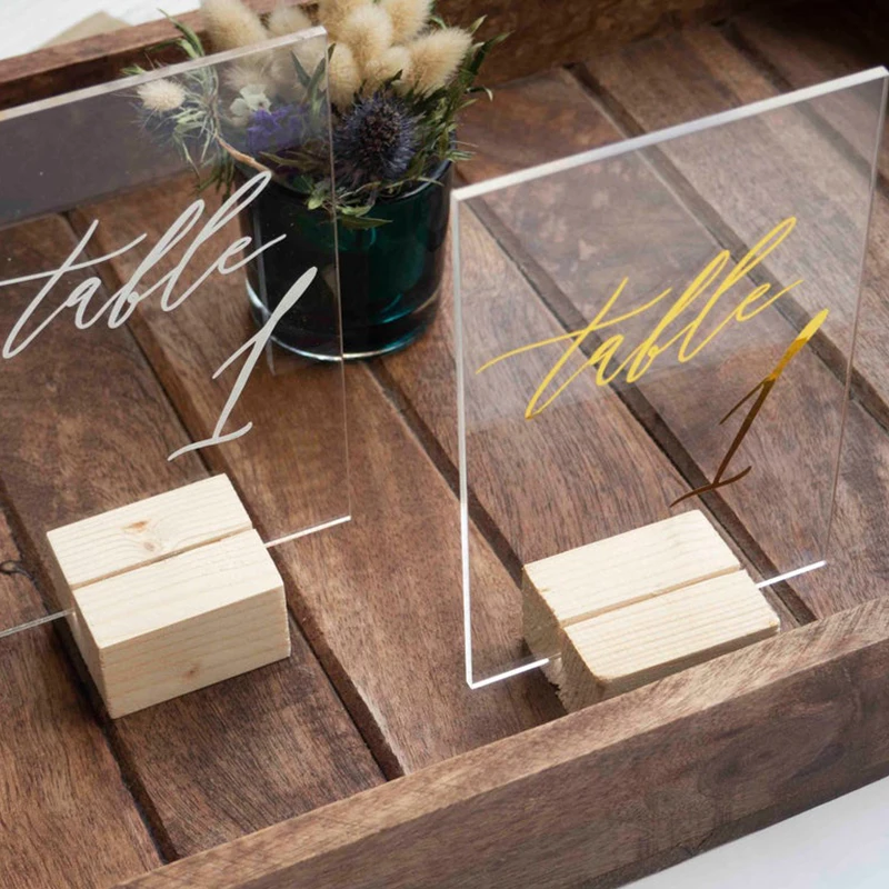 

Personalized Wedding Table Numbers with Holders Clear Acrylic Gold Calligraphy Wedding Signage Clear Wood Table Number Stand