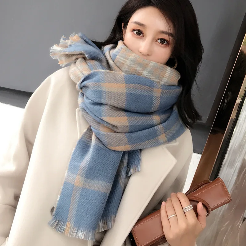 Fashion color plaid stitch Cashmere-like scarf for women Soft warm Winter tasseled Korean Girls neck scarfs ladies shawls