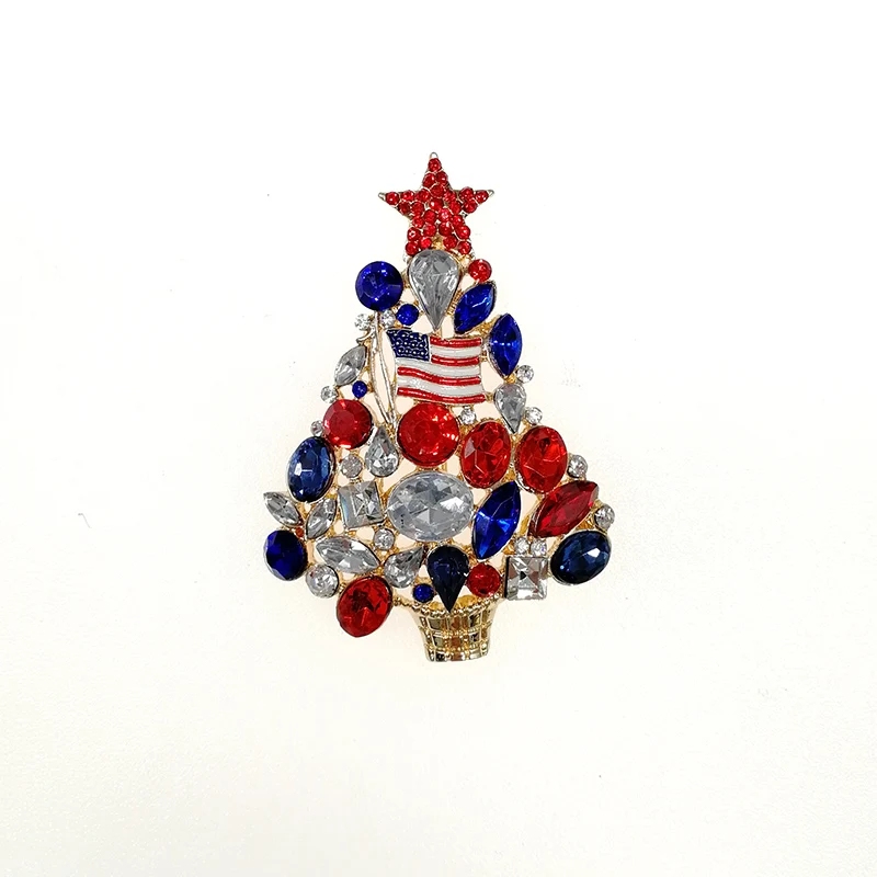 10pcs/lot  Rhinestone Christmas Tree Brooches Crystal Jewelry Patriotic American Flag Brooch Pin 4th of July