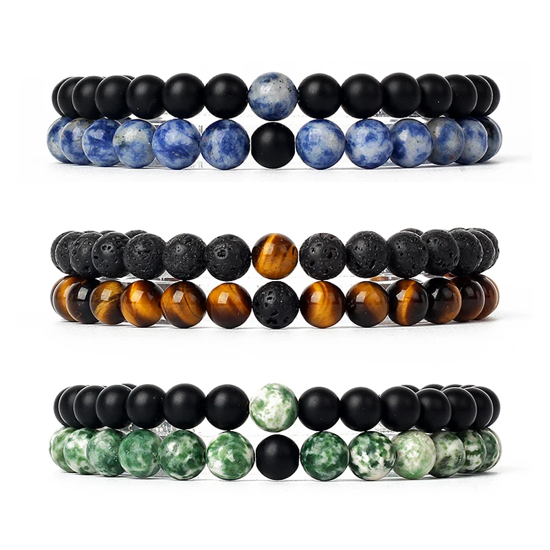 2pcs/Set Couples Distance Bracelets Tiger Eye Natural Chakra Lava Stone Beaded Yoga Bracelets for Men Women Elastic Rope Jewelry