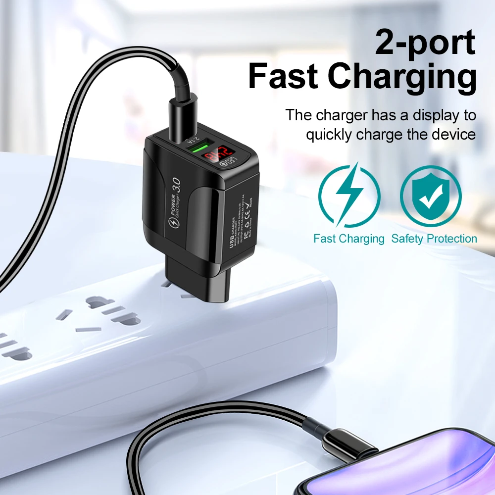 Universal Power Adapter Mobile Phone Charger 5V2.1A Quick Charge QC 3.0 Double Port USB Digital Display Fast Charging EU/US/UK