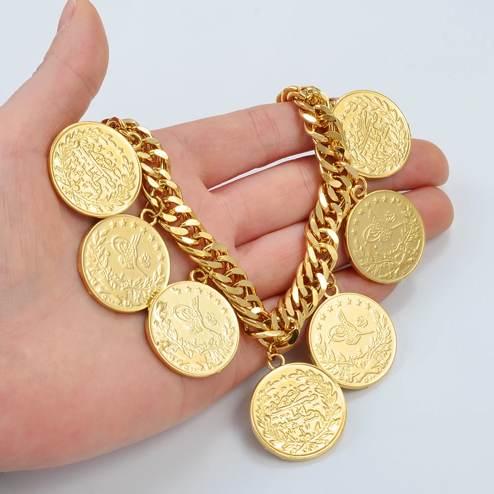 Anniyo Turkish Coin Bracelet for Women Men Turkey\'s Ancient Coins Banglet Turk Jewelry Gold and Silver Color #122601