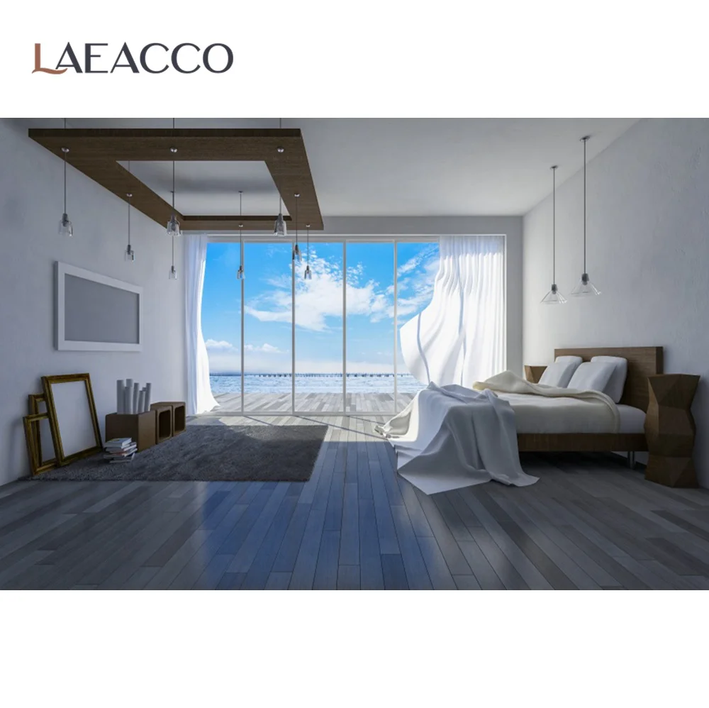 

Laeacco Summer Holiday Sea View Room Bedroom French Window Interior Photography Background Photo Backdrop For Photo Studio