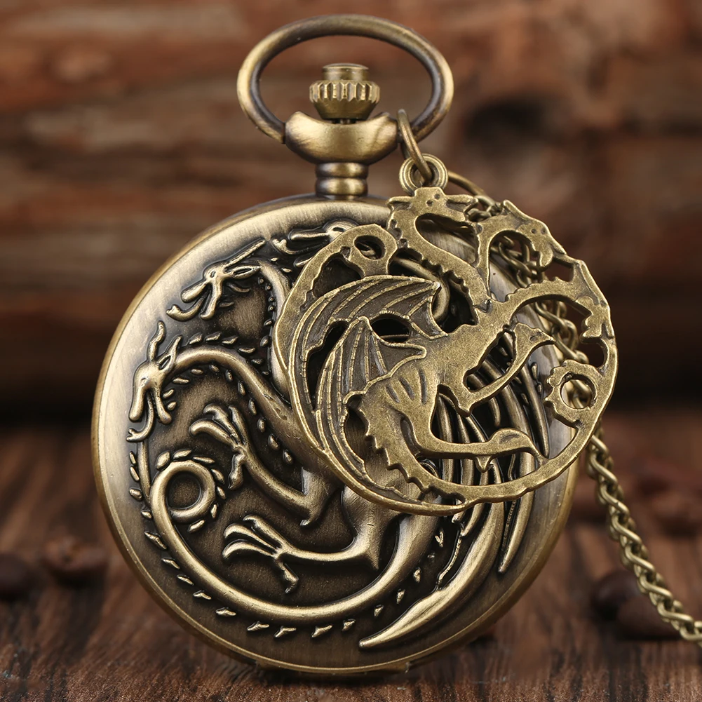 Retro Bronze Três-Headed Dragon Monster Pendant Relógio de bolso, quartzo, colar, camisola, FOB Cadeia, Relógio com Acessório, FOB