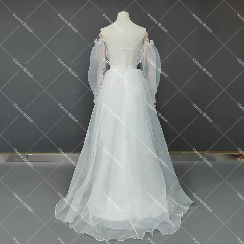 Vestido de novia de manga larga con cuello de Organza festoneado, vestido de novia de princesa sin espalda, hecho a medida, talla grande, hombros descubiertos, barato