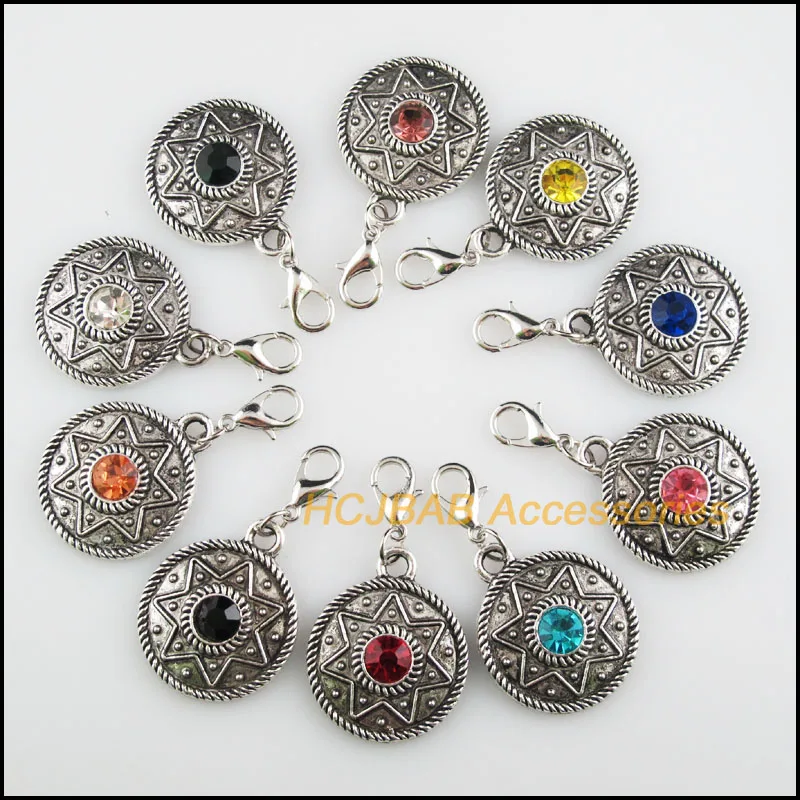 10 New Star 22x26.5mm Charms Mixed Round Crystal Tibetan Silver Plated Retro With Lobster Claw Clasps