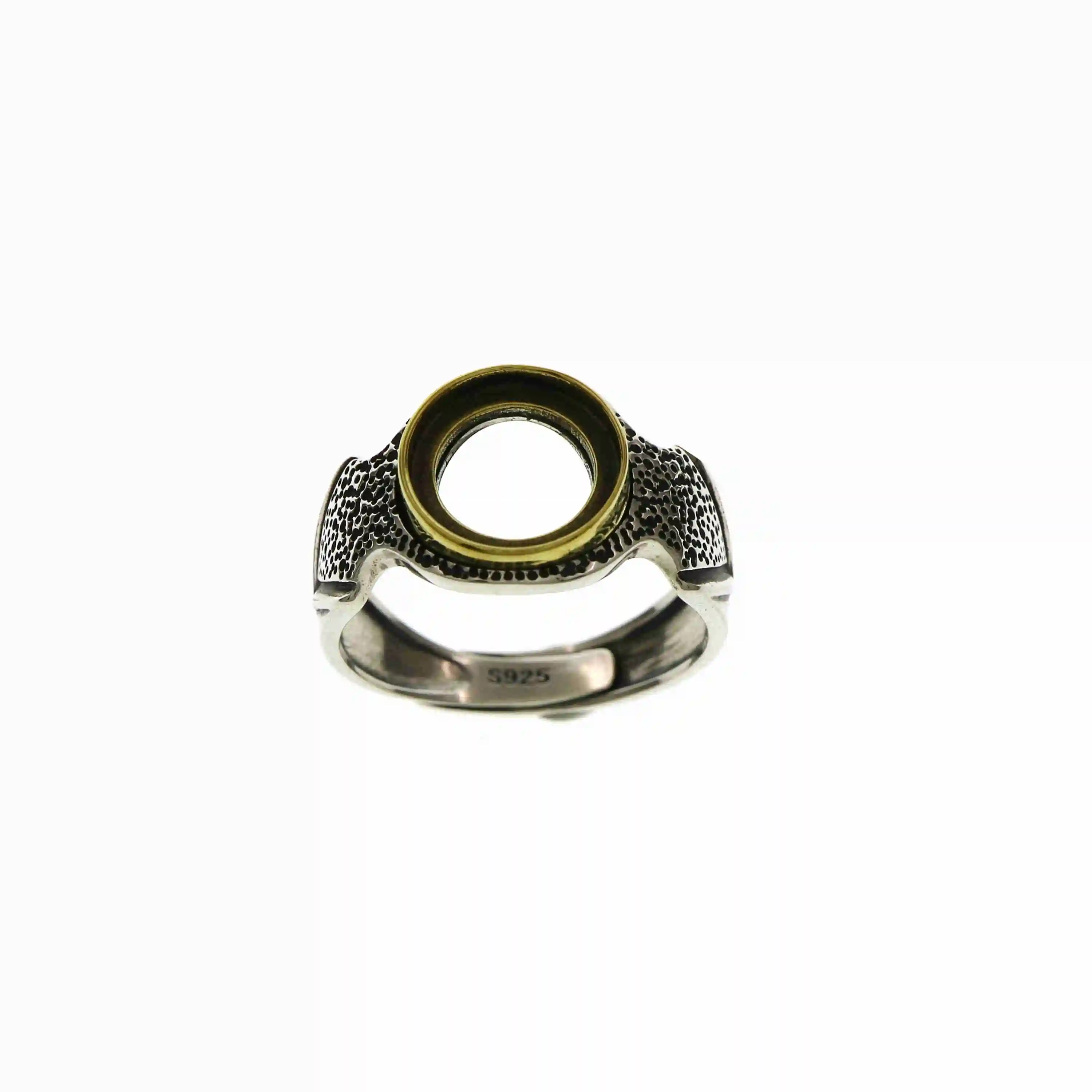 10MM round vintage style brass merged antiqued silver cabochon bezel solid 925 sterling silver adjustable ring setting 1213045
