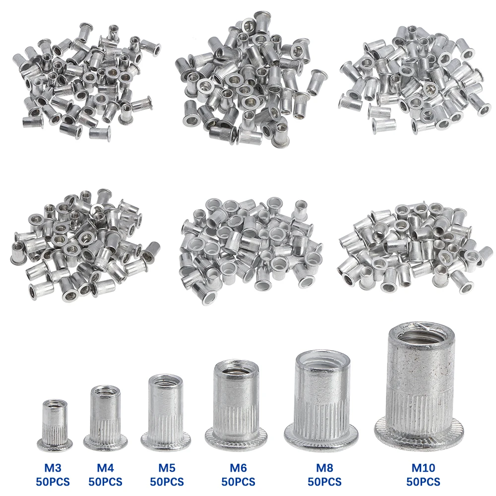 300Pcs M3 M4 M6 M8 M10 Flache Kopf Niet Muttern Set Aluminium Legierung Niet Muttern Mutter Einsatz Nieten Set niet Mutter Werkzeug