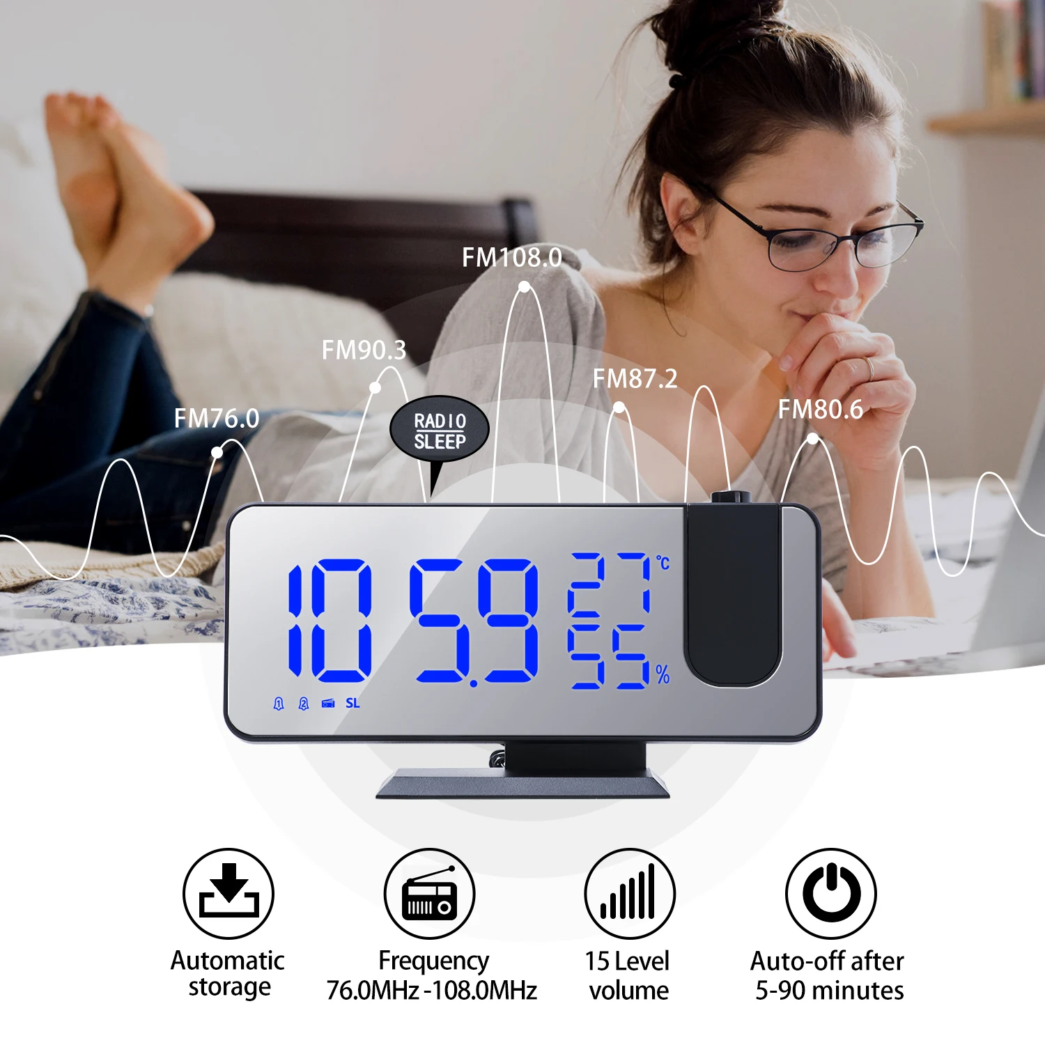 LED Digital Alarm Clock Electronic Projection Clock With FM Radio Snooze Weather Station Calendar Thermometer Projector Function