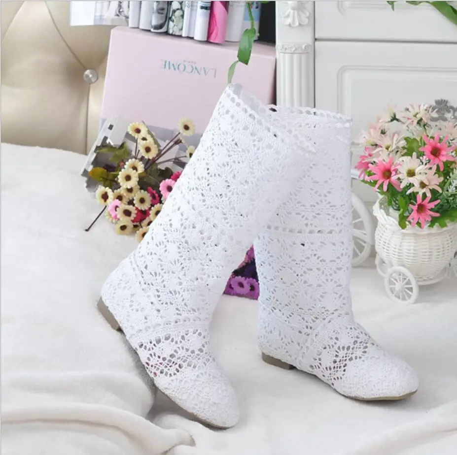 2024 women\'s summer boots high cut hollow lace boots ladies spring and summer fashion hollow boots hole shoes woven mesh boots