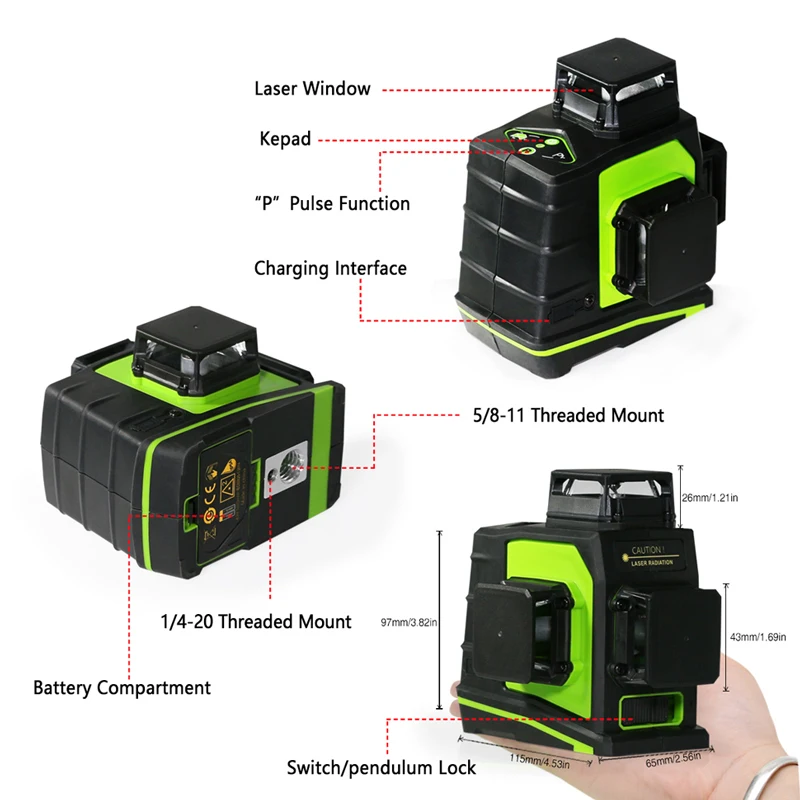 Clubiona CE certificated 3D Self-Leveling Laser Level with 360 degrees German Brand Laser Diode Super Powerful green Laser Line