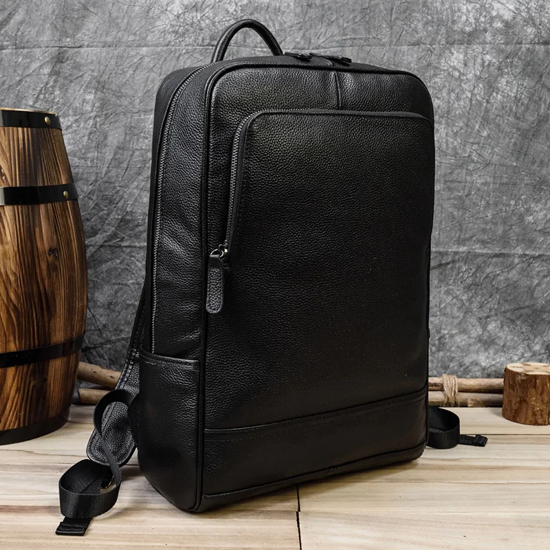 

Men Geninue Leather Backpack 15inch School Rucksack Black Laptop Travel Bags Unisex Work Daypack Natural Cowhide Teenager Male