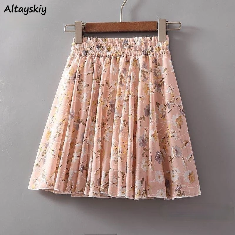 

Skirts Women 28 Colors Fashion Simple Elastic Waist Summer Elegant Student Folds All-match Ulzzang Female Leisure Floral Chiffon