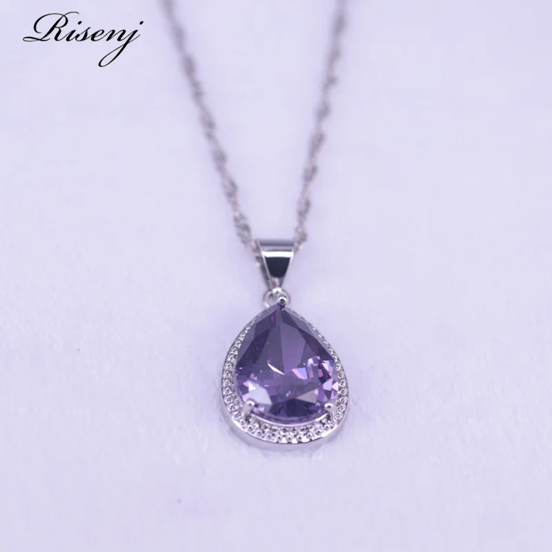 Many Colors Purple Crystal Silver Color Jewelry Big Water Drop Square Bridal Jewelry Earrings Necklace Ring Set