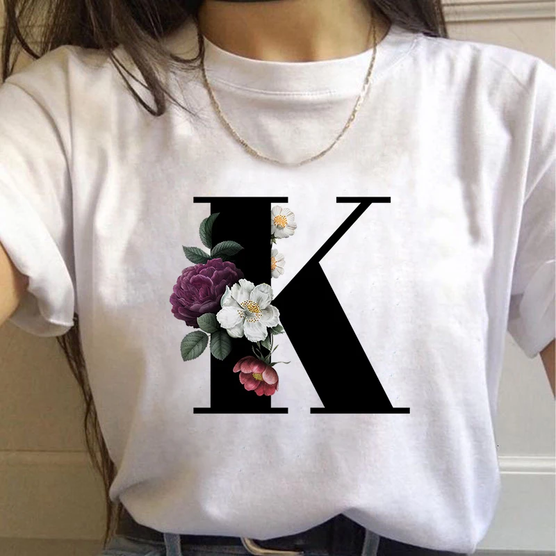 

New 26 Alphabet Letter With Flowerswomen T-shirt Harajuku Casual White Tops Tees Women 2021 New Summer Casual Female T-Shirt