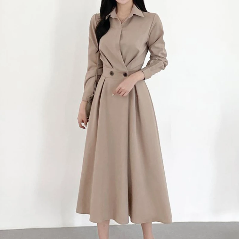 

Office Lady Maxi Dresses for Women Clothing Turn-down Collar Autumn Elegant Korean High Waist Woman Dress 2022 Party Spring Robe