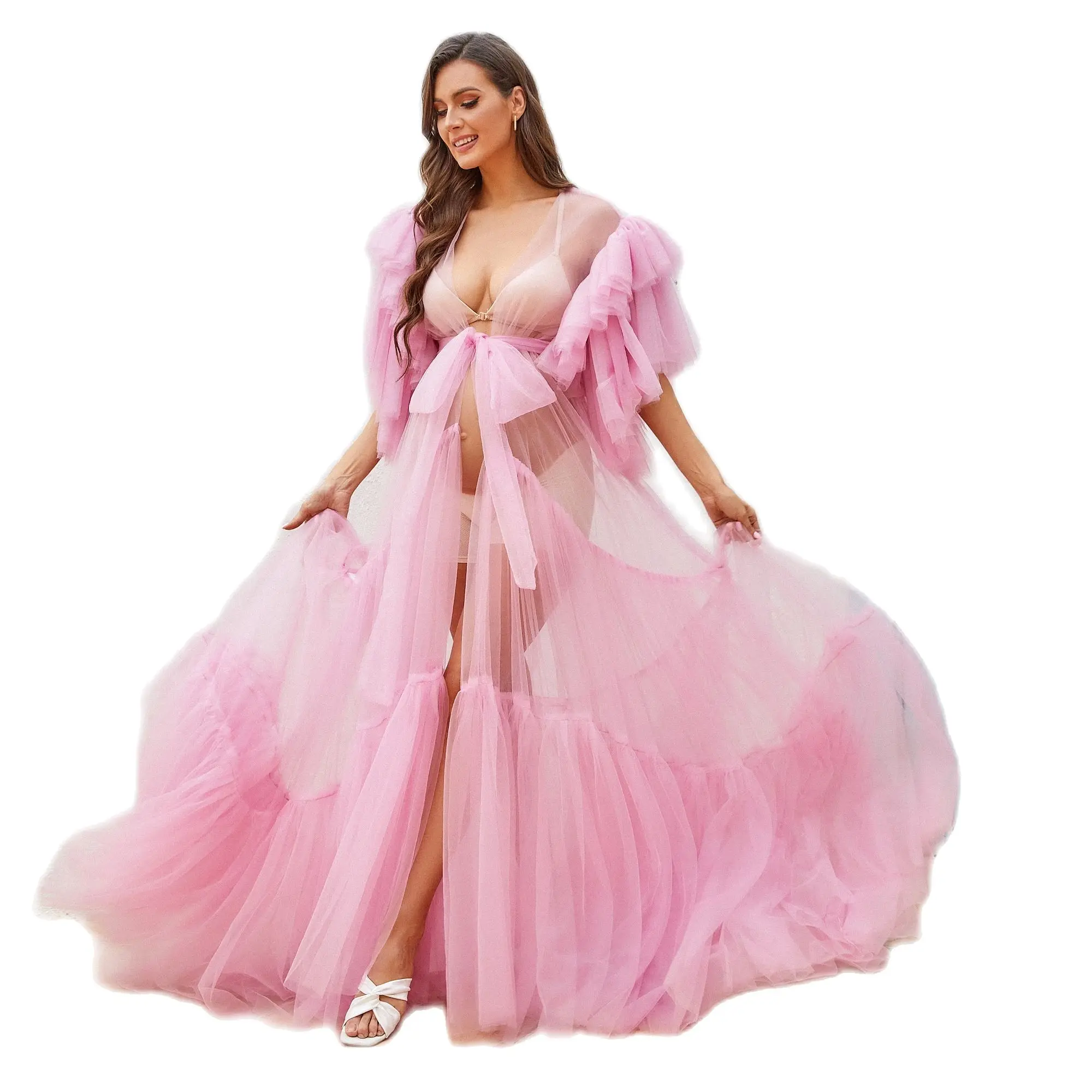 Pink Maternity Robes Sexy Tulle Bathrobe Dresses Photo Shoot Birthday Bridal Fluffy Party Sleepwear Custom Made Gown Real Images