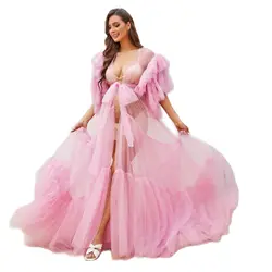 Pink Maternity Robes Sexy Tulle Bathrobe Dresses Photo Shoot Birthday Bridal Fluffy Party Sleepwear Custom Made Gown Real Images