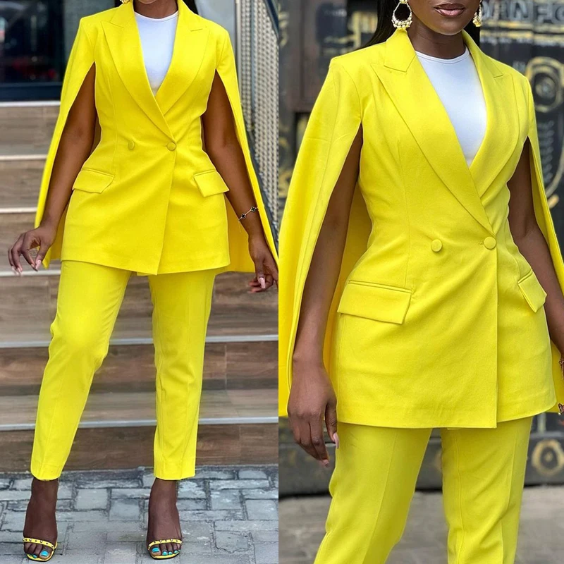 Yellow Casual Women Suits Peaked Lapel Double Breasted Pocket Slim Fit Jacket Pants Office Lady Mother Blazer