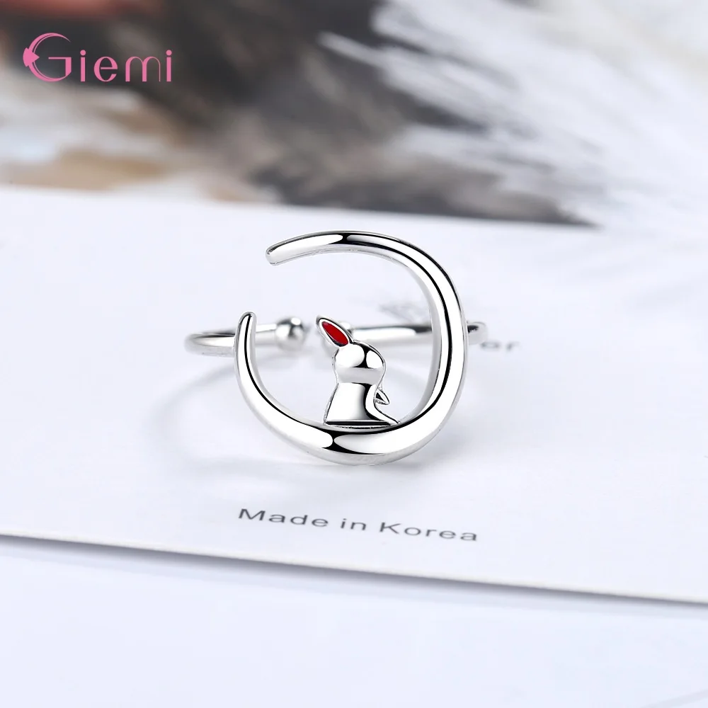 925 Sterling Silver Moon Rabbit Ring For Women Girls Birthday Party Gift Opening Adjustable Ring Fine Jewelry Ornaments