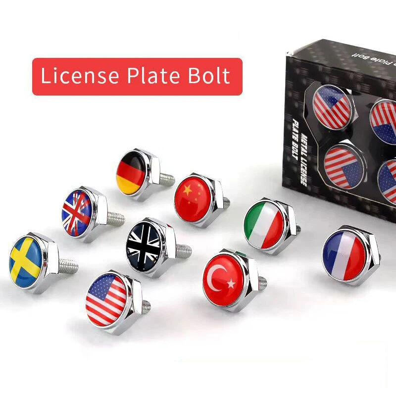 4pcs/set USA Italy Germany Sweden Flag Metal Screws License Plate Bolts Accessories for Audi Geely Honda Toyota Alfa Romeo Ford