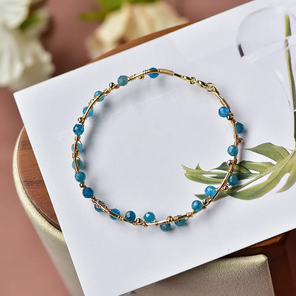 Natural Stone Blue Tanzanite Faceted Bead 14K Gold Filled Bracelet For Women Opening Bangle Vintage Handmade Bohemia Jewelry