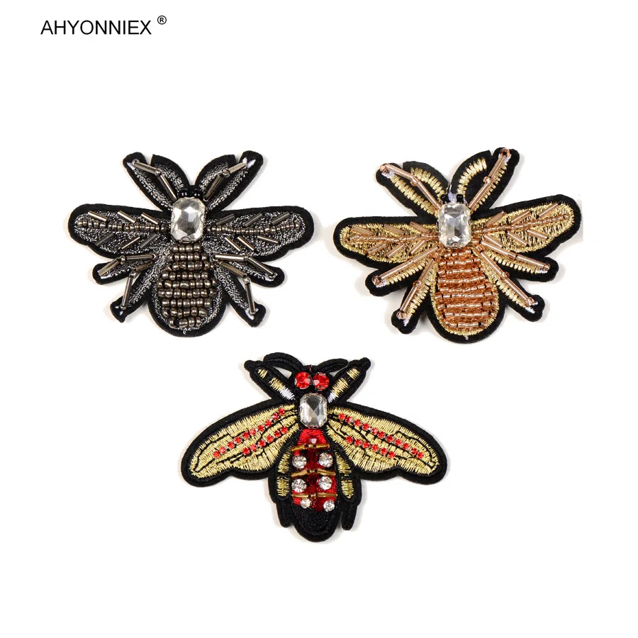 AHYONNIEX Brand 1PC Bees Rhinestones Beads Patches Sew On Handmade Stickers Applique For Clothes Shoes Bags DIY