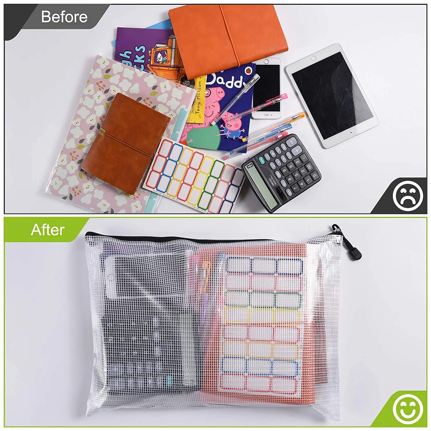 Plastic Mesh Zip File Bags, 6PCS A4 Document Organizer Waterproof Tear-Resistant File Folders, for School Office Home Storage