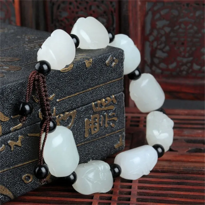 Natural Xinjiang Sheep Fat White Jade Raw Stone， Lohan Beads Jade Head, Strings Chain Bracelet