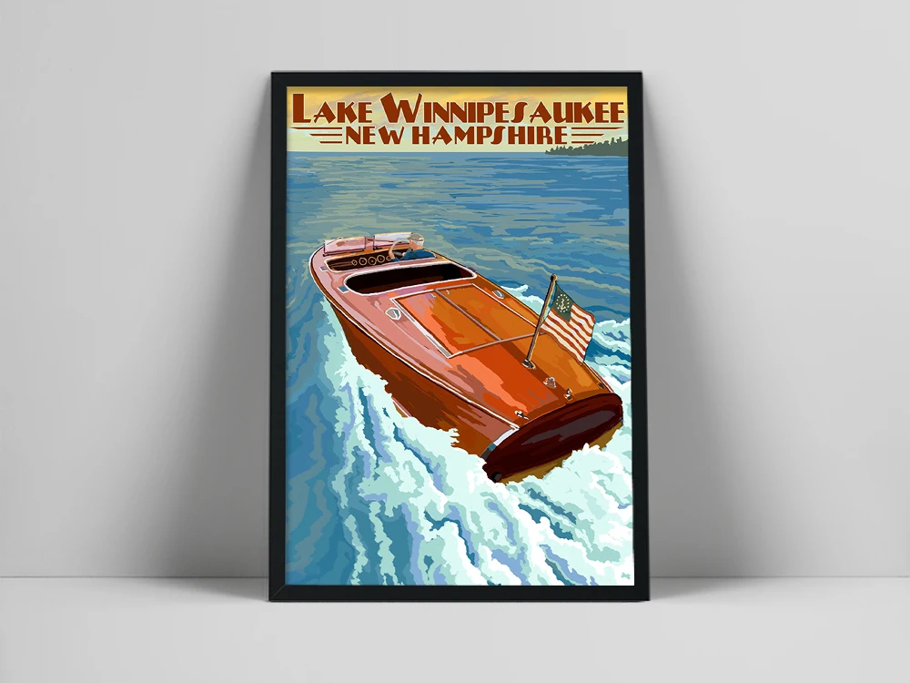 New Hampshire Travel City Vintage Poster and Prints Wall Art Lake Winnipesaukee Boat Canvas Painting For Living Room Home Decor