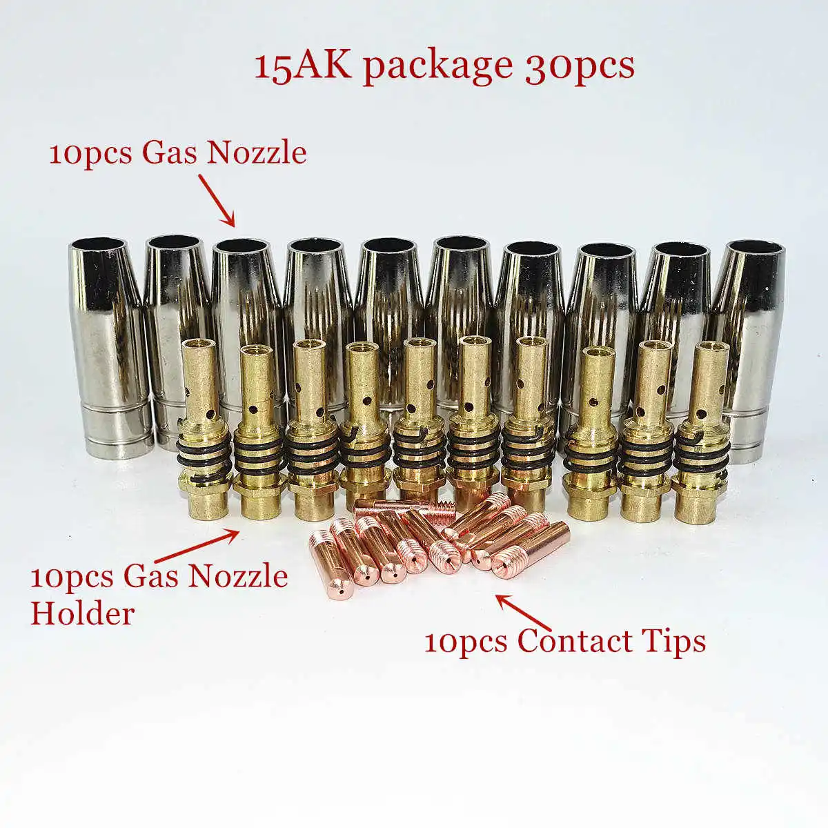 mig tocha e arma consumiveis 15ak bocal de gas pontas suporte para maquina de solda mig e mag 30 pcs 01