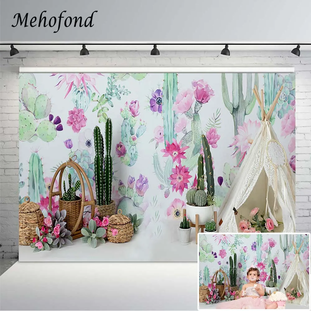 

Mehofond Photography Backgrounds Mexican Cactus Watercolor Flowers Girl Baby Shower Birthday Decor Backdrop Studio Photo Booth