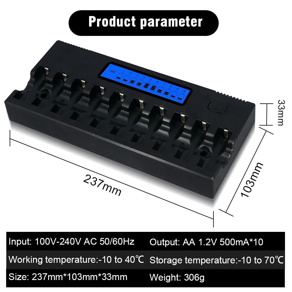 PALO 1.2V AA Battery Charger 10 Slots LCD Screen Smart Fast Charger For 1.2 Vlot  AA 2A Ni-MH NI-CD Rechargeable Batteries