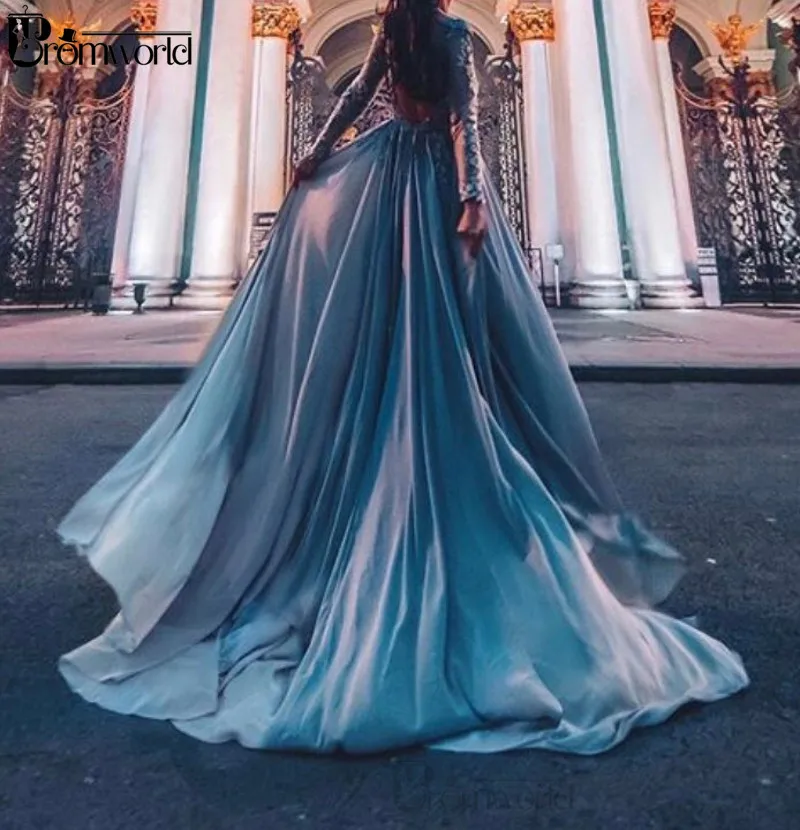 

Fairy Blue Evening Dress 2022 New Design A-Line Chiffon Lace Long Sleeve Backless Sexy Prom Dresses Woman Party Night Gowns