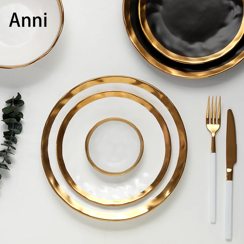 Nordic Creativity Ceramic Plates Set Golden Stroke Matte Dinner Plate Cake Dessert Dishes Hotel Serving Tray Kitchen Tableware