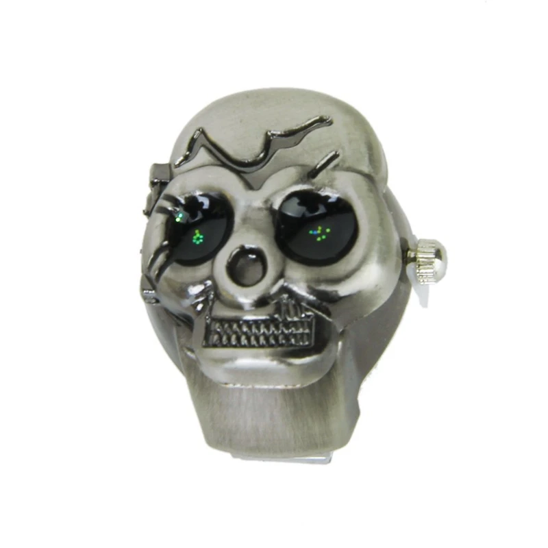 Bronze Flip-Up Skull Cover Finger Ring Watch Stretchy Watchband for Unisex--Battery Included, Ideal for Skull Lover