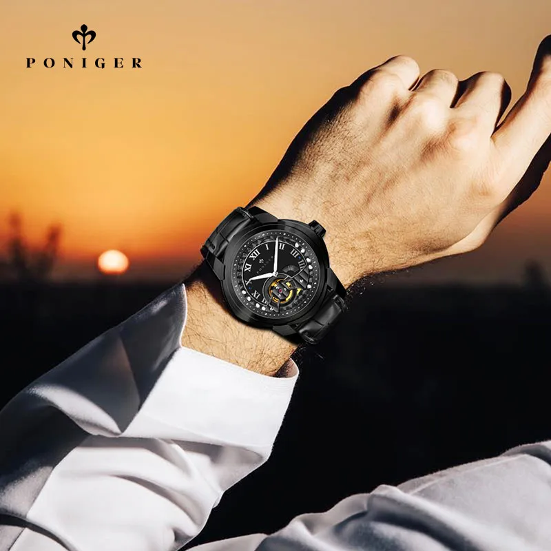 PONIGER اليابان ميوتا حركة الرجال ساعة فاخرة الرجال مربع مقاوم للماء ساعات المعصم الهيكل العظمي التلقائي ساعة ميكانيكية