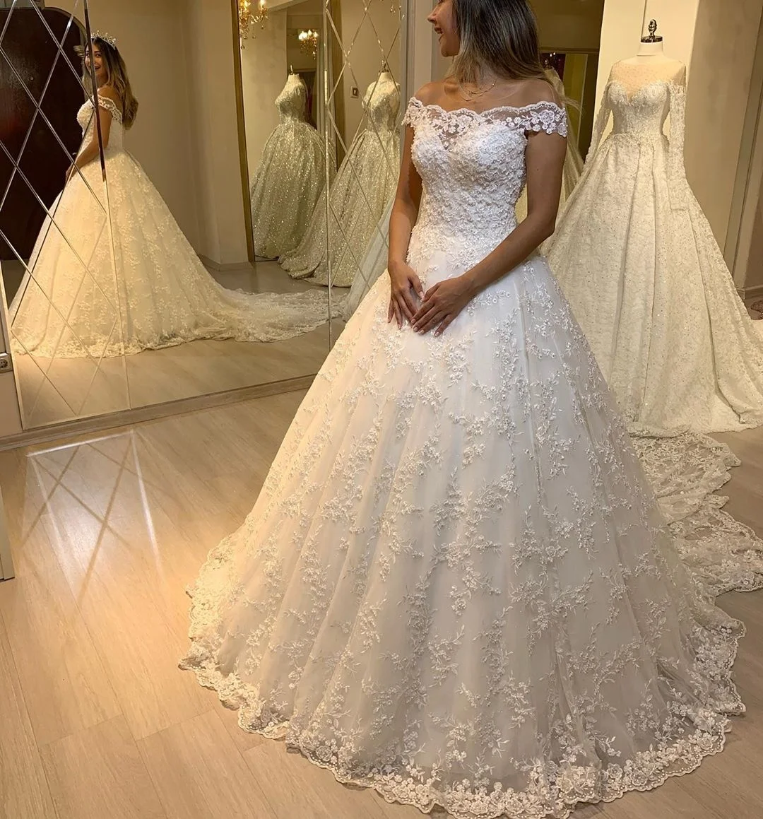 Customized Store Fashion Off The Shoulder Wedding Dress Formal Neat Court Train Ball Gown Tulle Elegant Vestido De Noiva