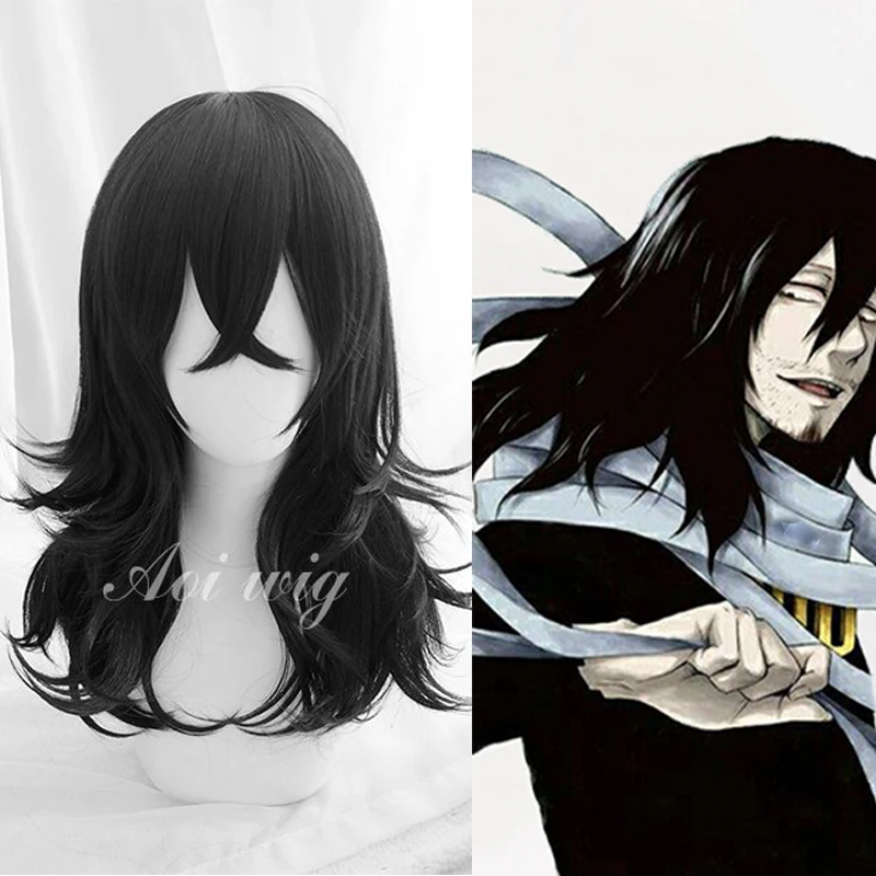 Akademia Shouta Aizawa 45cm Black Curly Wig Heat Resistant Cosplay Costume Wig + Track + Wig Cap