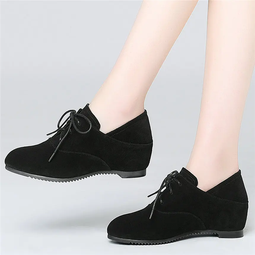 

New Women Lace Up Genuine Leather Height Increasing Ankle Boots Female Low Top Round Toe Party Platform Pumps Shoes Casual Shoes