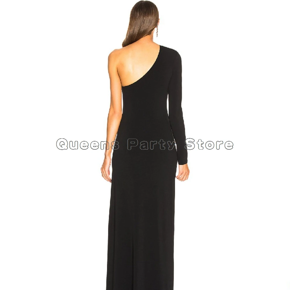 Sexy Black Evening Dress One Shoulder Long Sleeve Simple Black Long Prom Dresses Side Slit Party Gowns