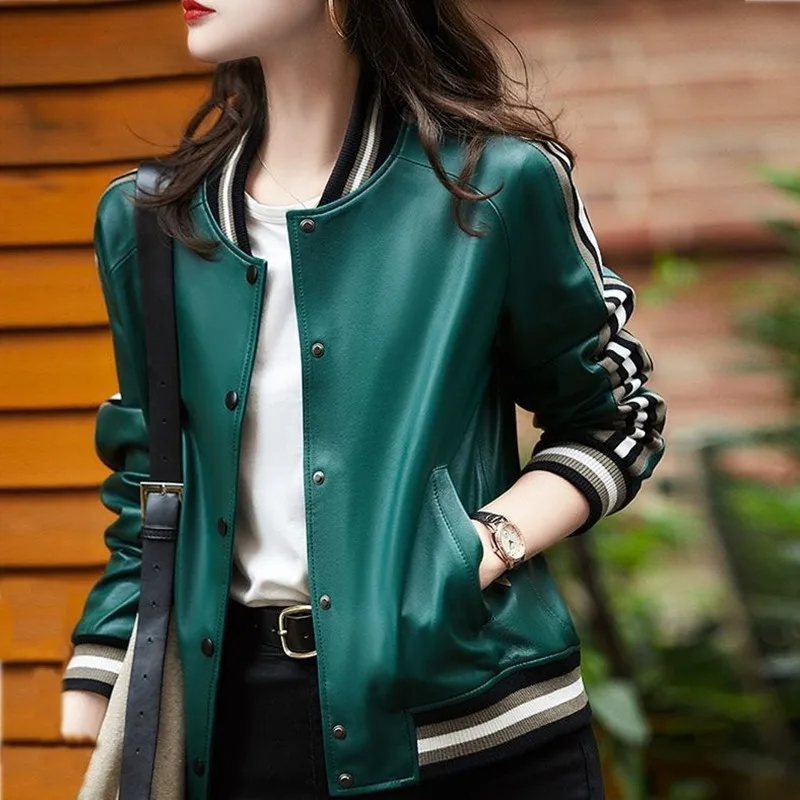 

Women's Short Jacket, Genuine Leather Jacket, Sheepskin Cropped, Contrast Color, Female Baseball Tops, Spring, Autumn