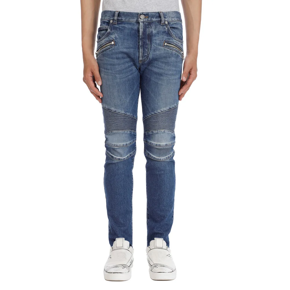 ผู้ชาย Zipper Biker Celana Jeans Denim ยืดบางผอมแฟชั่น Moto กางเกงขี่มอเตอร์ไซค์