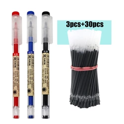 3+30Pcs/Lot 0.35mm Gel Pen Set Black/blue/Red Ink Writing Pen Refills Sketch Drawing Stationery Office and School Supplies