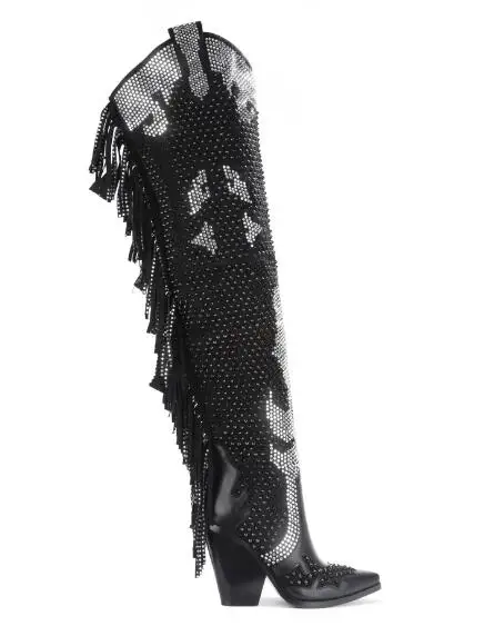 Big Size 44 Woman Fashion Black Rivets Bling Over The Knee Boots Pointed Toe Chunky Heels Tassel Back Patchwork Long Boots